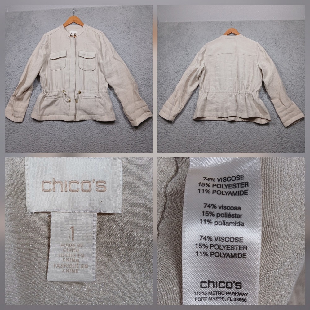 Chico's Utility Jacket Women's Size 1 Beige Drawstring Waist‎ Zip Front